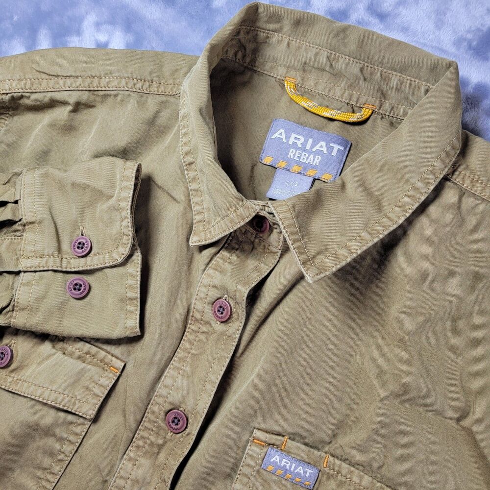 Ariat Rebar Womens Shirt Large Brown Washed Twill Work Relaxed Long Sleeve